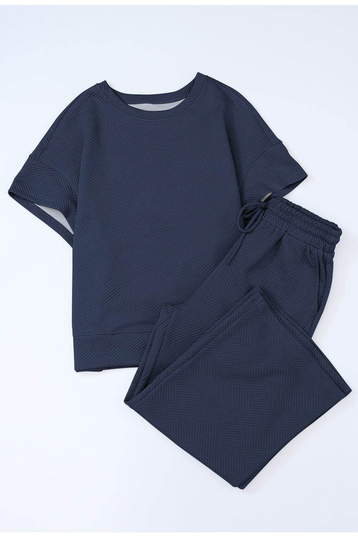 Navy Blue Textured Loose Fit T Shirt and Drawstring Pants Set - Fashion Queen -  6