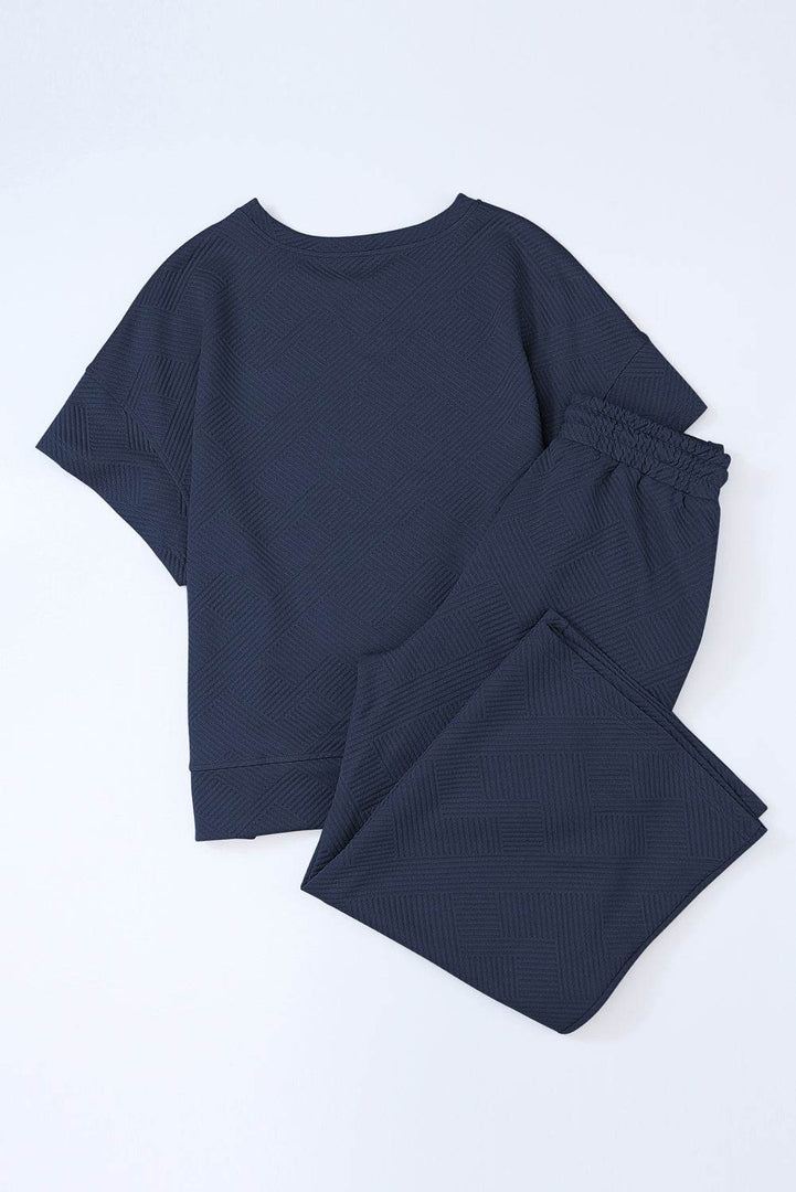 Navy Blue Textured Loose Fit T Shirt and Drawstring Pants Set - Fashion Queen -  7
