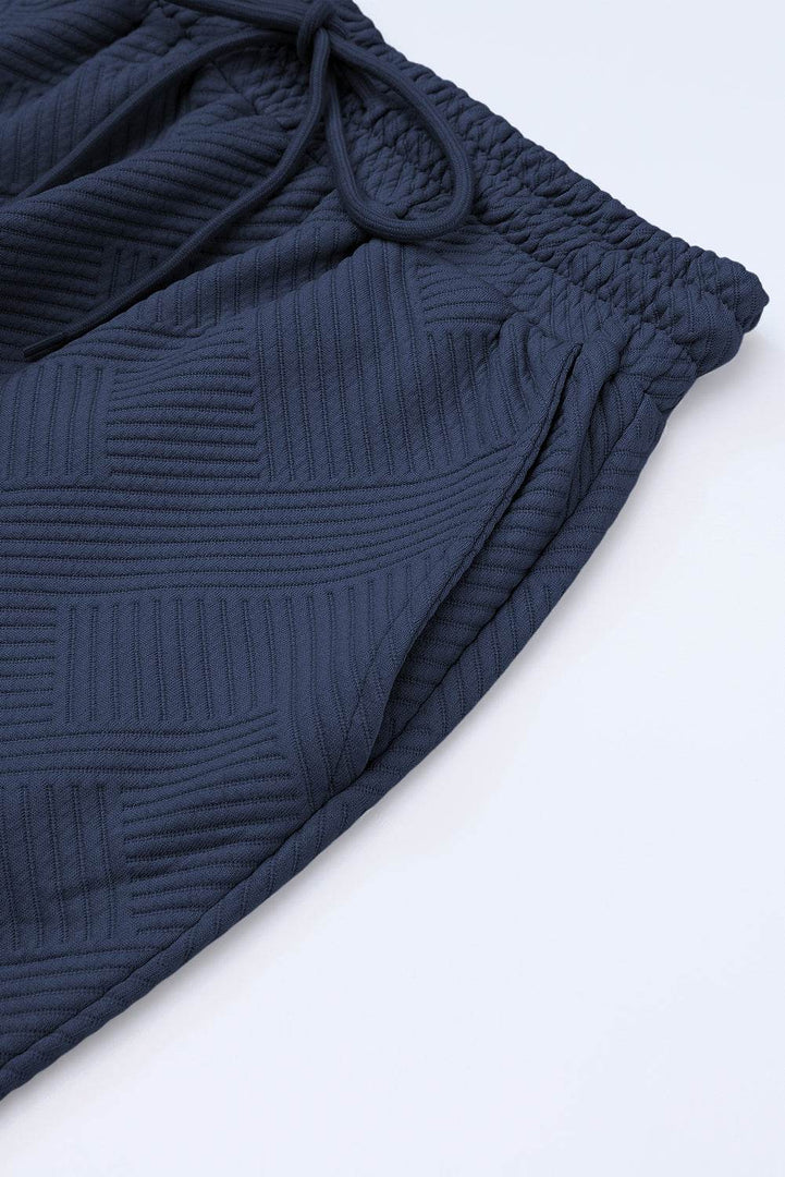 Navy Blue Textured Loose Fit T Shirt and Drawstring Pants Set - Fashion Queen -  8