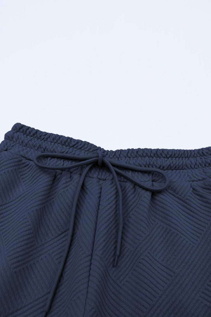 Navy Blue Textured Loose Fit T Shirt and Drawstring Pants Set - Fashion Queen -  9