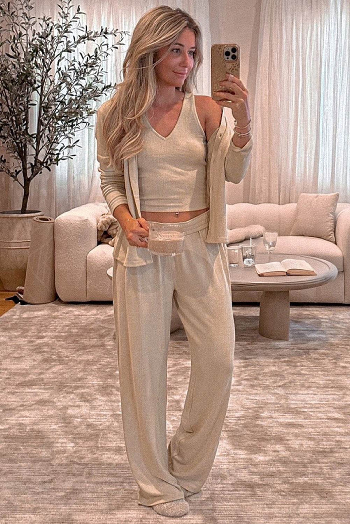Oatmeal 3-Piece Cozy Knit Lounge Set - Fashion Queen -  3