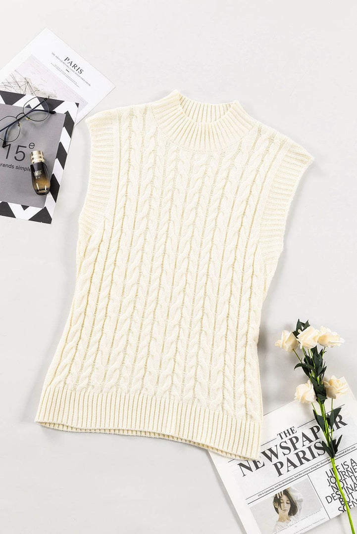 Oatmeal Cable Knit High Neck Sweater Vest - Fashion Queen -  10