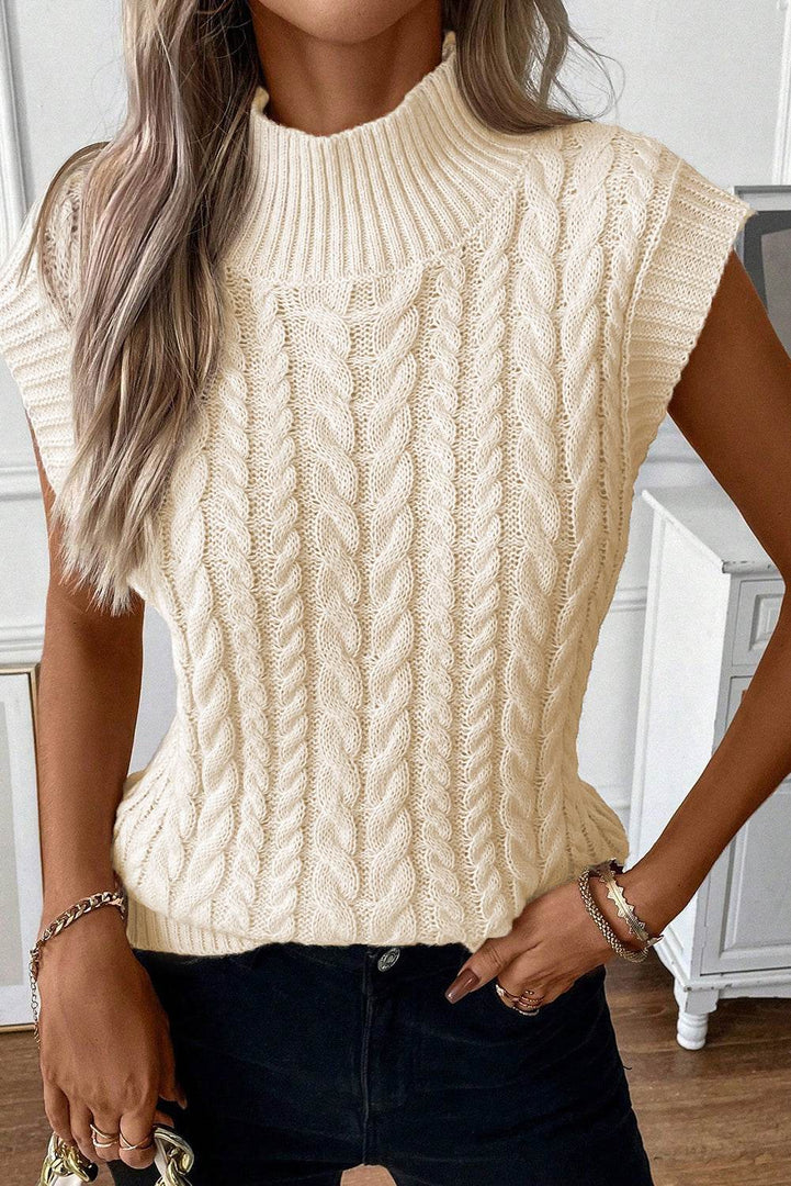 Oatmeal Cable Knit High Neck Sweater Vest - Fashion Queen -  2