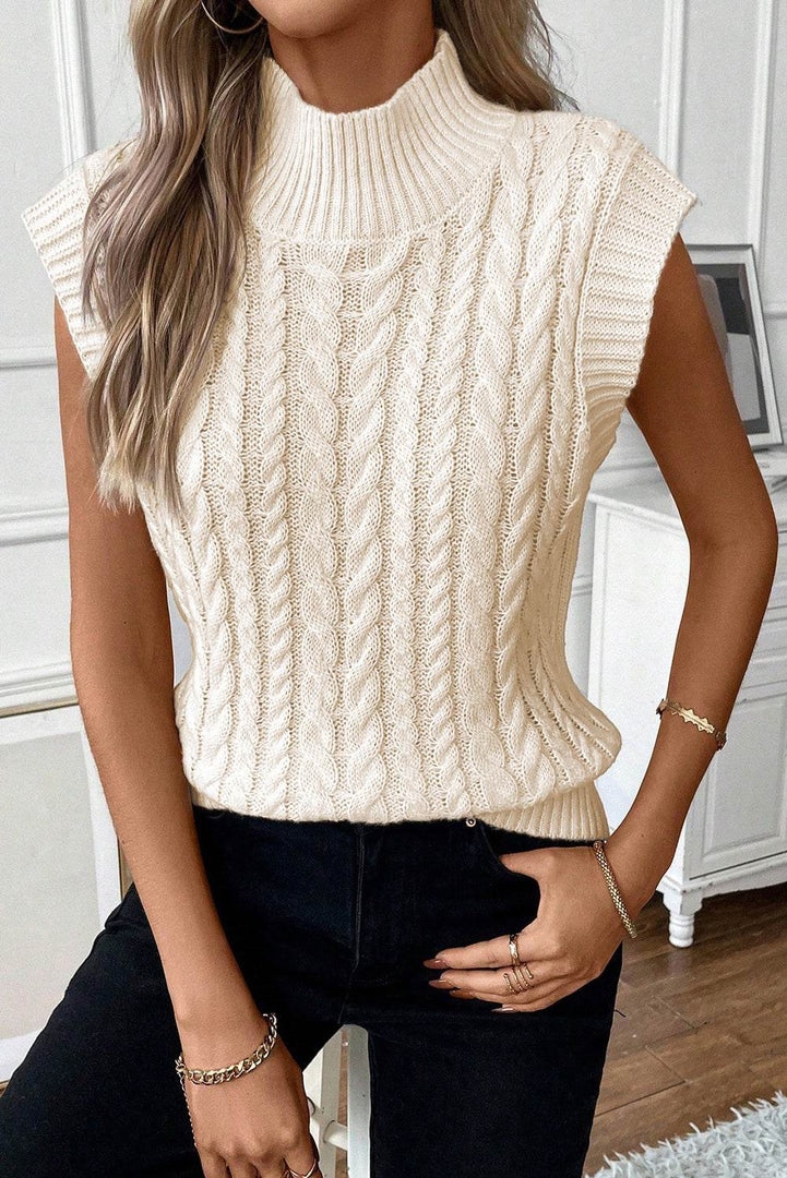 Oatmeal Cable Knit High Neck Sweater Vest - Fashion Queen -  6