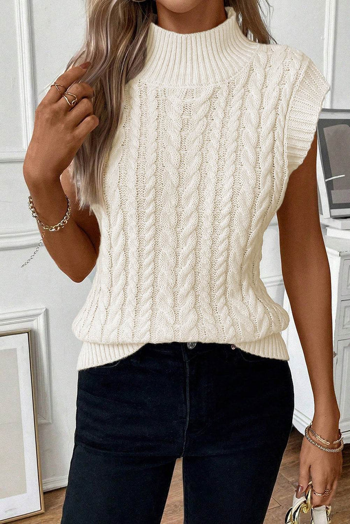 Oatmeal Cable Knit High Neck Sweater Vest - Fashion Queen -  7