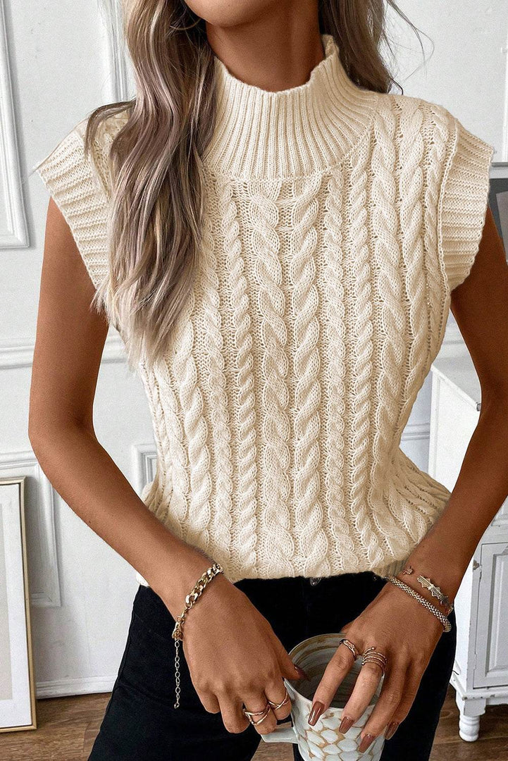 Oatmeal Cable Knit High Neck Sweater Vest - Fashion Queen -  8