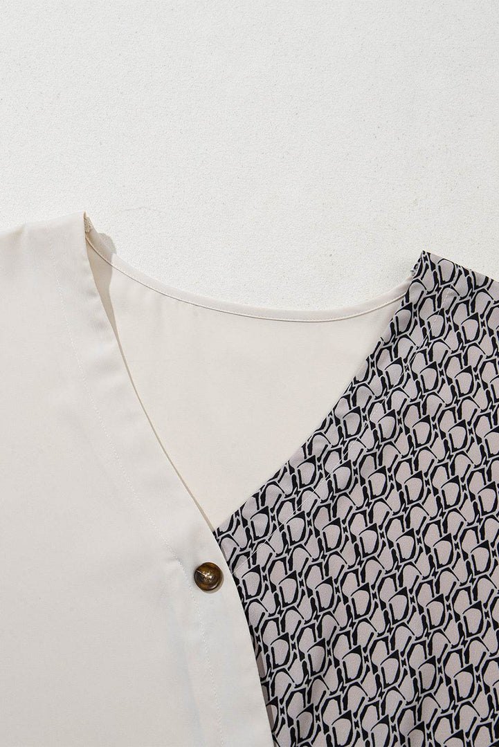 Oatmeal Contrast Geometric Print Patchwork V Neck Short Sleeve Plus Size Top - Fashion Queen -  12