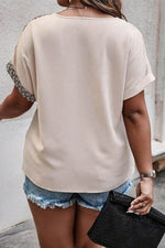 Load image into Gallery viewer, Oatmeal Contrast Geometric Print Patchwork V Neck Short Sleeve Plus Size Top - Fashion Queen -  2
