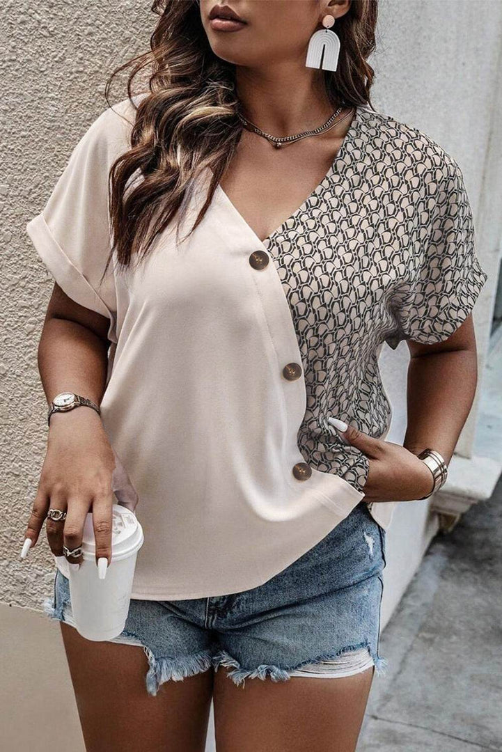 Oatmeal Contrast Geometric Print Patchwork V Neck Short Sleeve Plus Size Top - Fashion Queen -  3