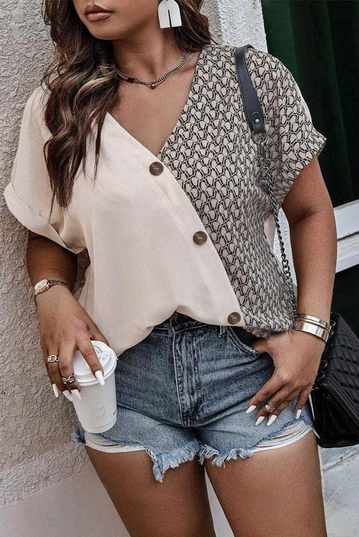 Oatmeal Contrast Geometric Print Patchwork V Neck Short Sleeve Plus Size Top - Fashion Queen -  4