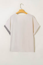 Load image into Gallery viewer, Oatmeal Contrast Geometric Print Patchwork V Neck Short Sleeve Plus Size Top - Fashion Queen -  7
