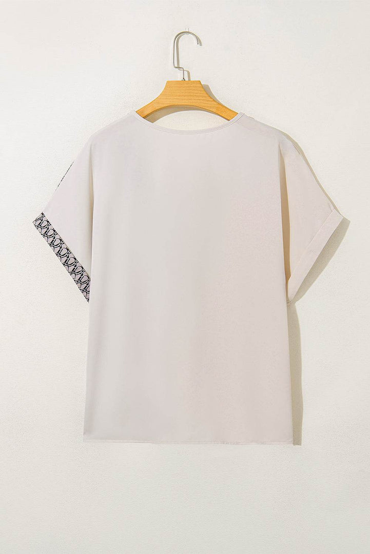 Oatmeal Contrast Geometric Print Patchwork V Neck Short Sleeve Plus Size Top - Fashion Queen -  7