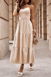 Oatmeal Crossover Backless Bodice Tiered Maxi Dress - Fashion Queen -  1