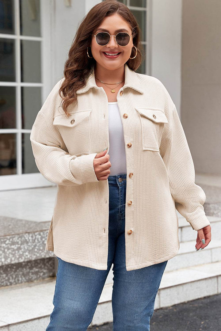 Oatmeal Textured Flap Pockets Buttoned Plus Size Shacket - Fashion Queen -  1