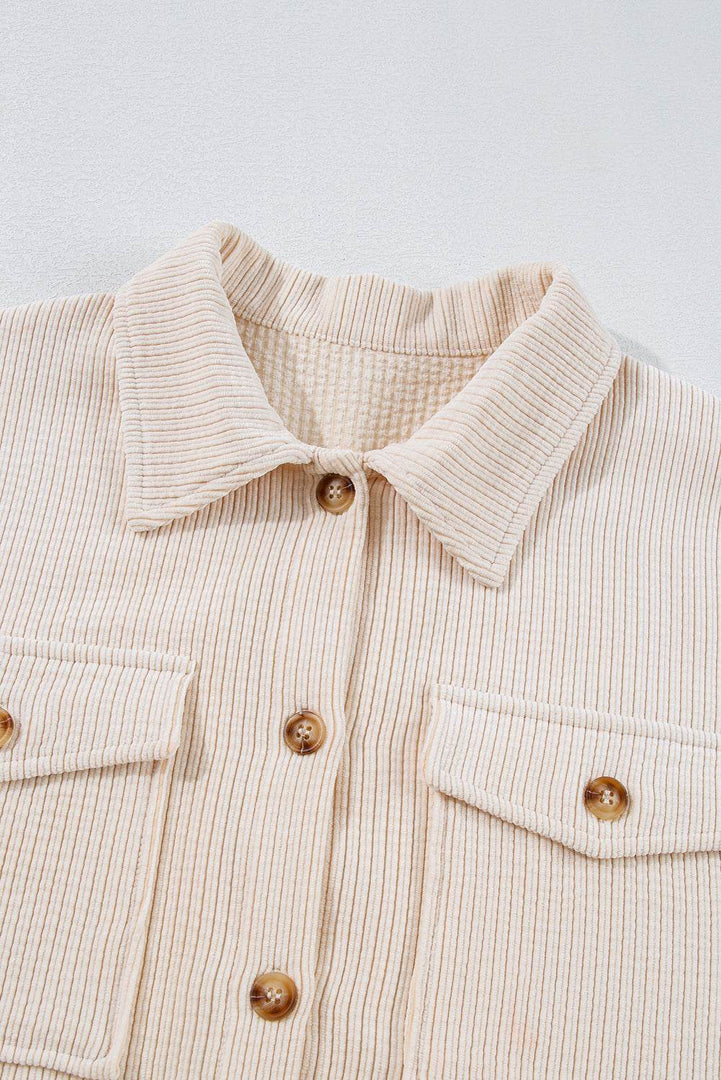 Oatmeal Textured Flap Pockets Buttoned Plus Size Shacket - Fashion Queen -  11