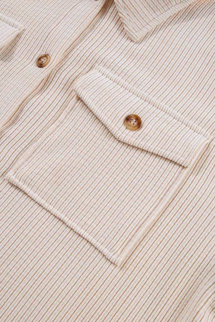 Oatmeal Textured Flap Pockets Buttoned Plus Size Shacket - Fashion Queen -  16