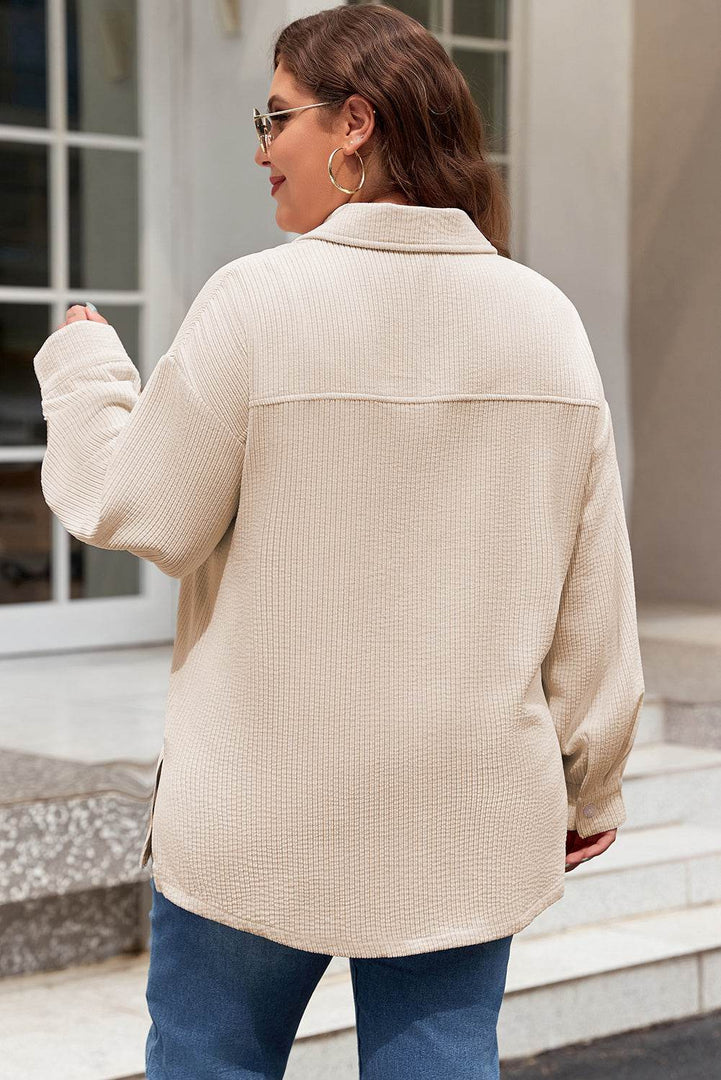 Oatmeal Textured Flap Pockets Buttoned Plus Size Shacket - Fashion Queen -  2