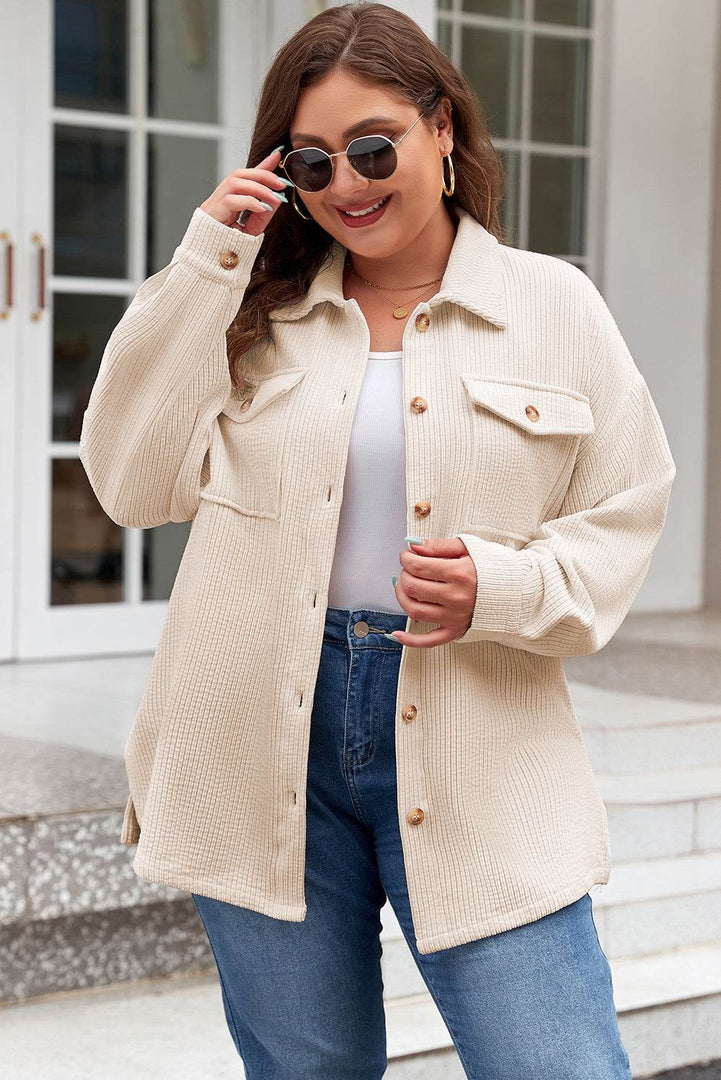 Oatmeal Textured Flap Pockets Buttoned Plus Size Shacket - Fashion Queen -  4
