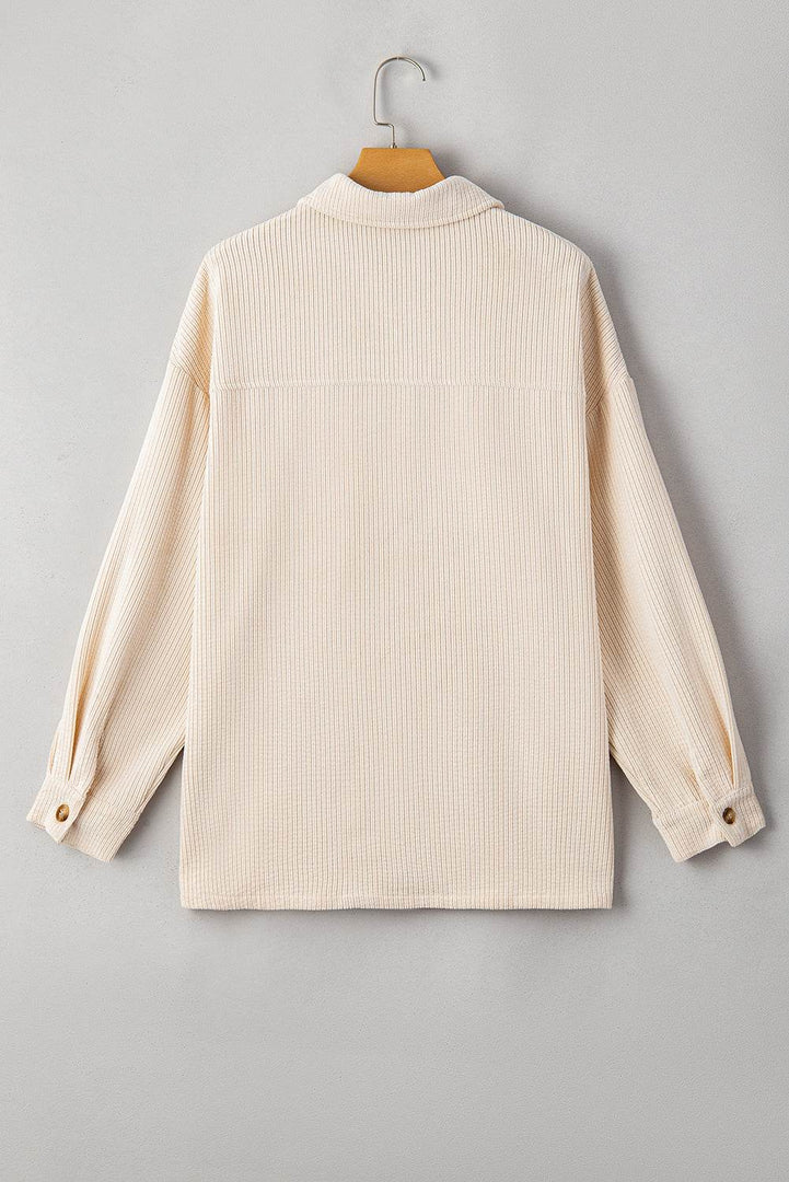 Oatmeal Textured Flap Pockets Buttoned Plus Size Shacket - Fashion Queen -  9