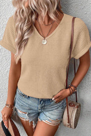 Oatmeal Textured Knit Button Back Cuffed Sleeve Tee - Fashion Queen -  1