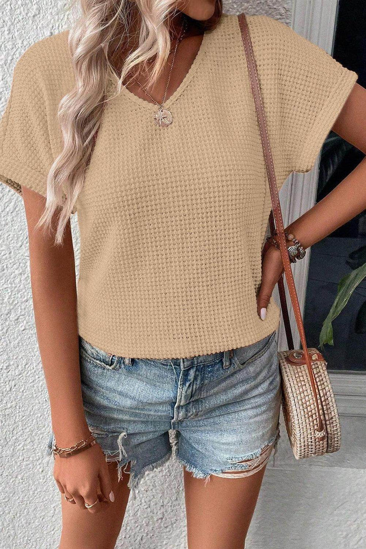 Oatmeal Textured Knit Button Back Cuffed Sleeve Tee - Fashion Queen -  2