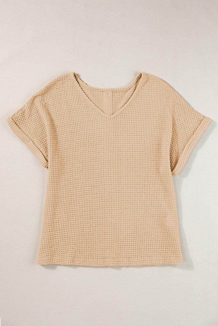 Oatmeal Textured Knit Button Back Cuffed Sleeve Tee - Fashion Queen -  4