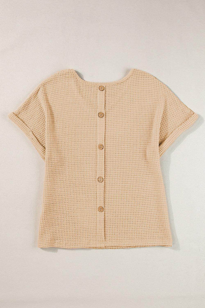 Oatmeal Textured Knit Button Back Cuffed Sleeve Tee - Fashion Queen -  5