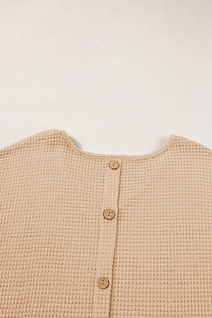 Oatmeal Textured Knit Button Back Cuffed Sleeve Tee - Fashion Queen -  6