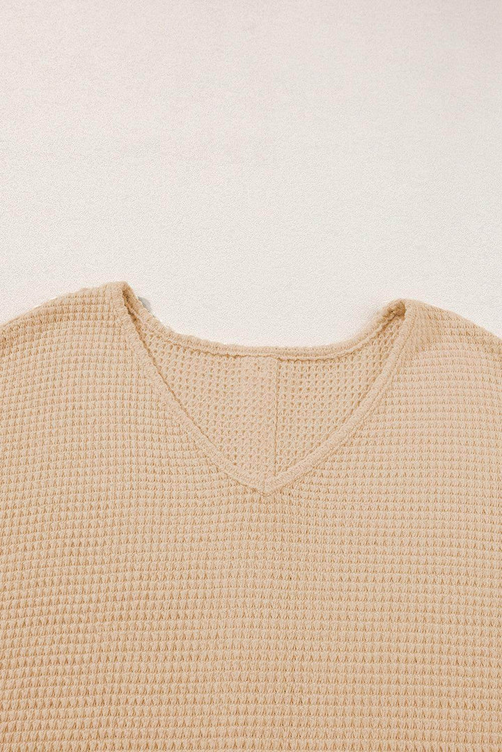 Oatmeal Textured Knit Button Back Cuffed Sleeve Tee - Fashion Queen -  7