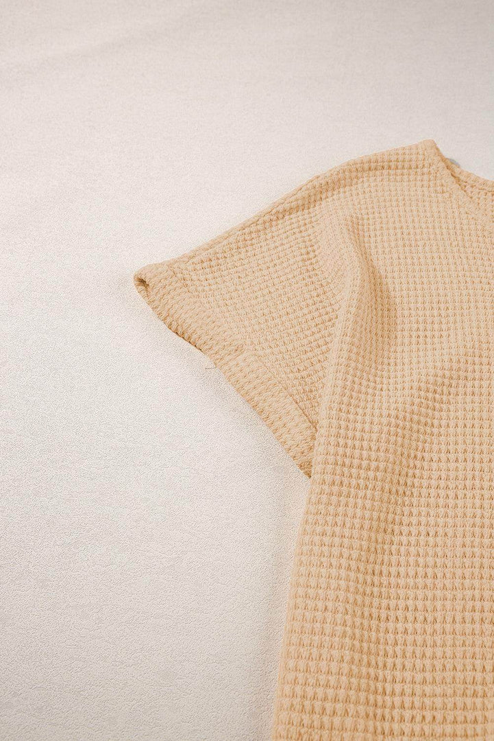 Oatmeal Textured Knit Button Back Cuffed Sleeve Tee - Fashion Queen -  9
