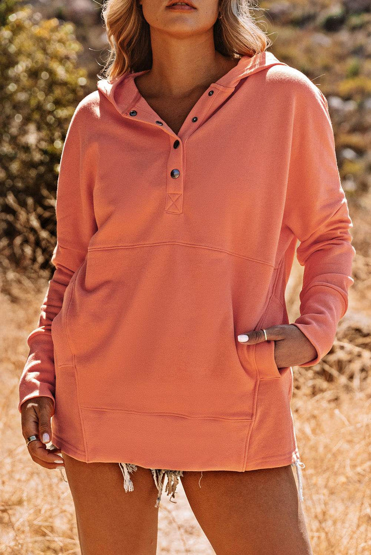 Orange Batwing Sleeve Pocketed Henley Hoodie - Fashion Queen -  11