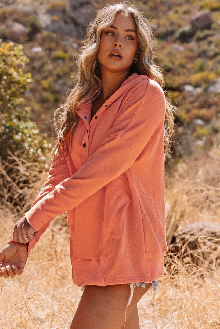 Orange Batwing Sleeve Pocketed Henley Hoodie - Fashion Queen -  3
