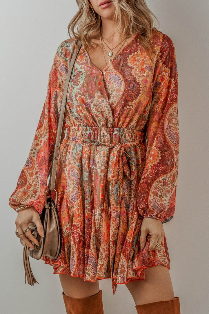 Orange Boho Paisley Print Long Sleeve Pleated Belted Mini Dress - Fashion Queen -  1