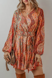 Orange Boho Paisley Print Long Sleeve Pleated Belted Mini Dress - Fashion Queen -  1