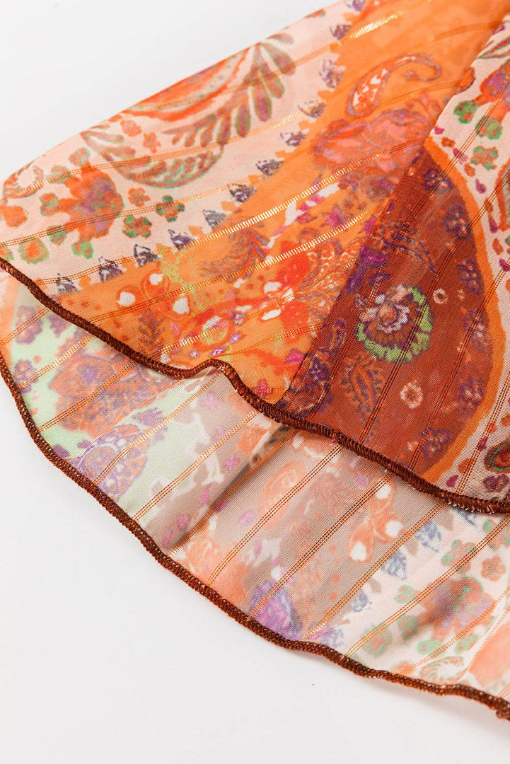Orange Boho Paisley Print Long Sleeve Pleated Belted Mini Dress - Fashion Queen -  12