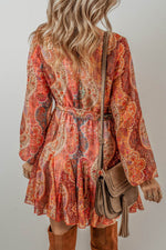Load image into Gallery viewer, Orange Boho Paisley Print Long Sleeve Pleated Belted Mini Dress - Fashion Queen -  2
