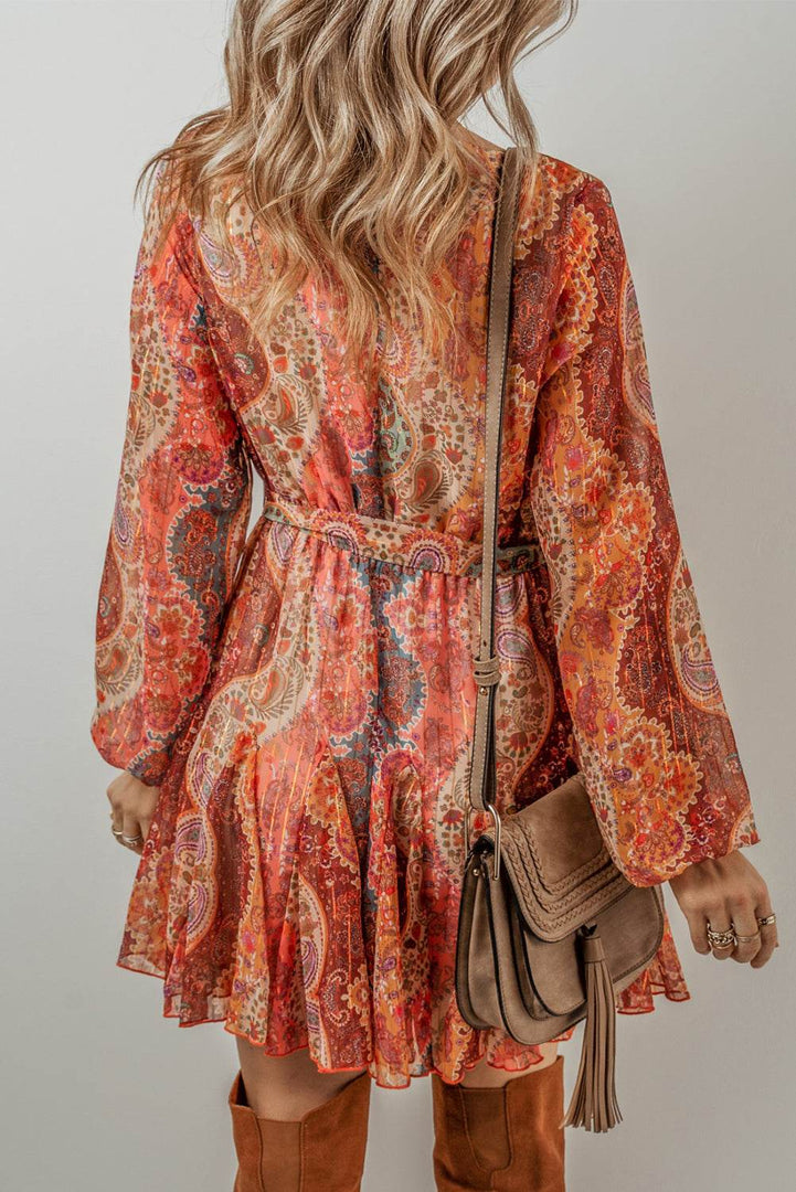 Orange Boho Paisley Print Long Sleeve Pleated Belted Mini Dress - Fashion Queen -  2