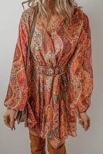 Load image into Gallery viewer, Orange Boho Paisley Print Long Sleeve Pleated Belted Mini Dress - Fashion Queen -  3
