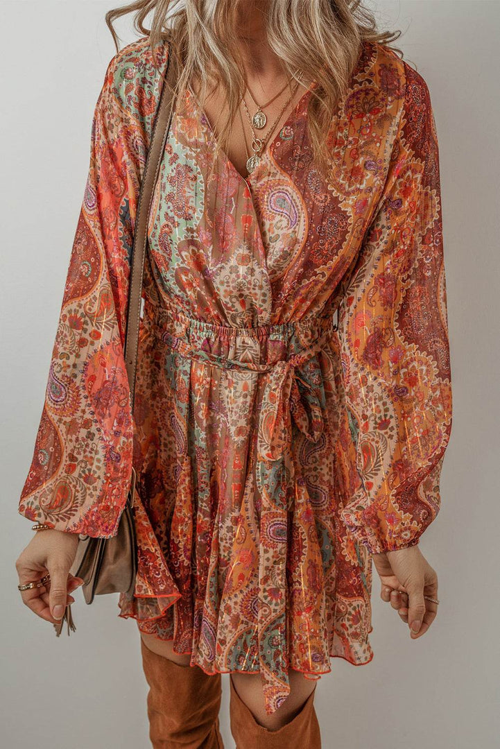 Orange Boho Paisley Print Long Sleeve Pleated Belted Mini Dress - Fashion Queen -  3