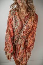 Load image into Gallery viewer, Orange Boho Paisley Print Long Sleeve Pleated Belted Mini Dress - Fashion Queen -  4
