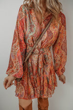 Load image into Gallery viewer, Orange Boho Paisley Print Long Sleeve Pleated Belted Mini Dress - Fashion Queen -  5
