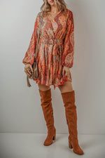 Load image into Gallery viewer, Orange Boho Paisley Print Long Sleeve Pleated Belted Mini Dress - Fashion Queen -  6
