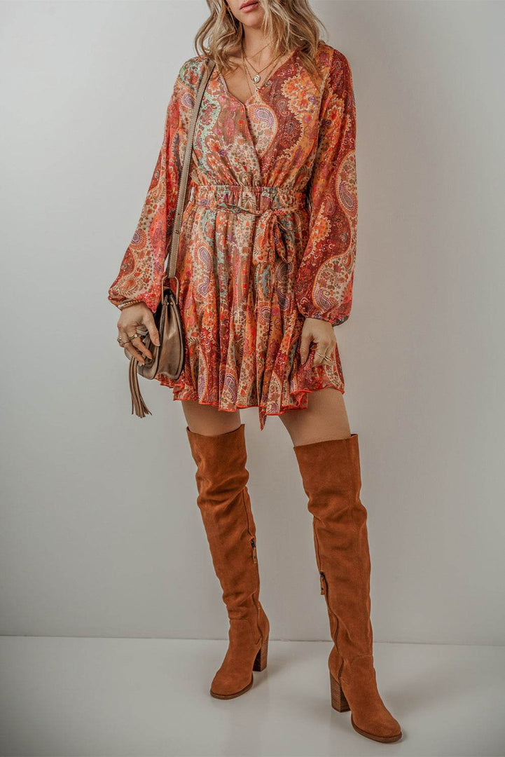 Orange Boho Paisley Print Long Sleeve Pleated Belted Mini Dress - Fashion Queen -  6