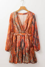 Load image into Gallery viewer, Orange Boho Paisley Print Long Sleeve Pleated Belted Mini Dress - Fashion Queen -  7
