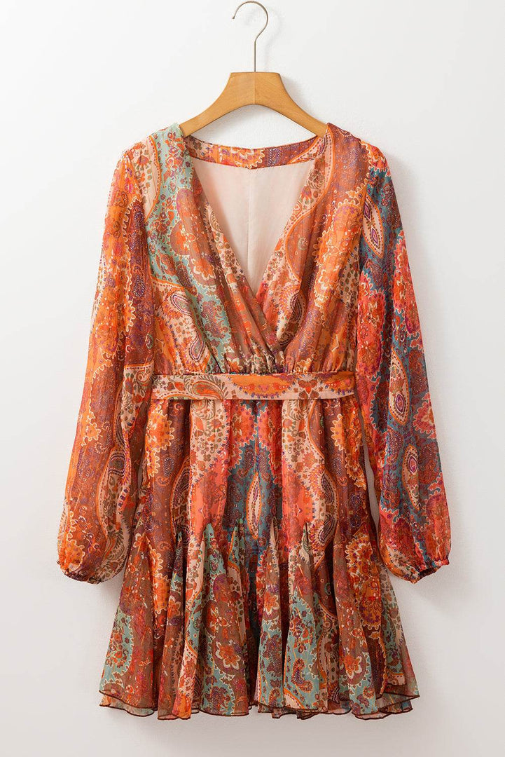 Orange Boho Paisley Print Long Sleeve Pleated Belted Mini Dress - Fashion Queen -  7