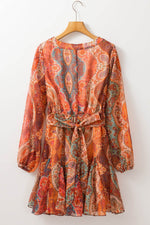 Load image into Gallery viewer, Orange Boho Paisley Print Long Sleeve Pleated Belted Mini Dress - Fashion Queen -  8
