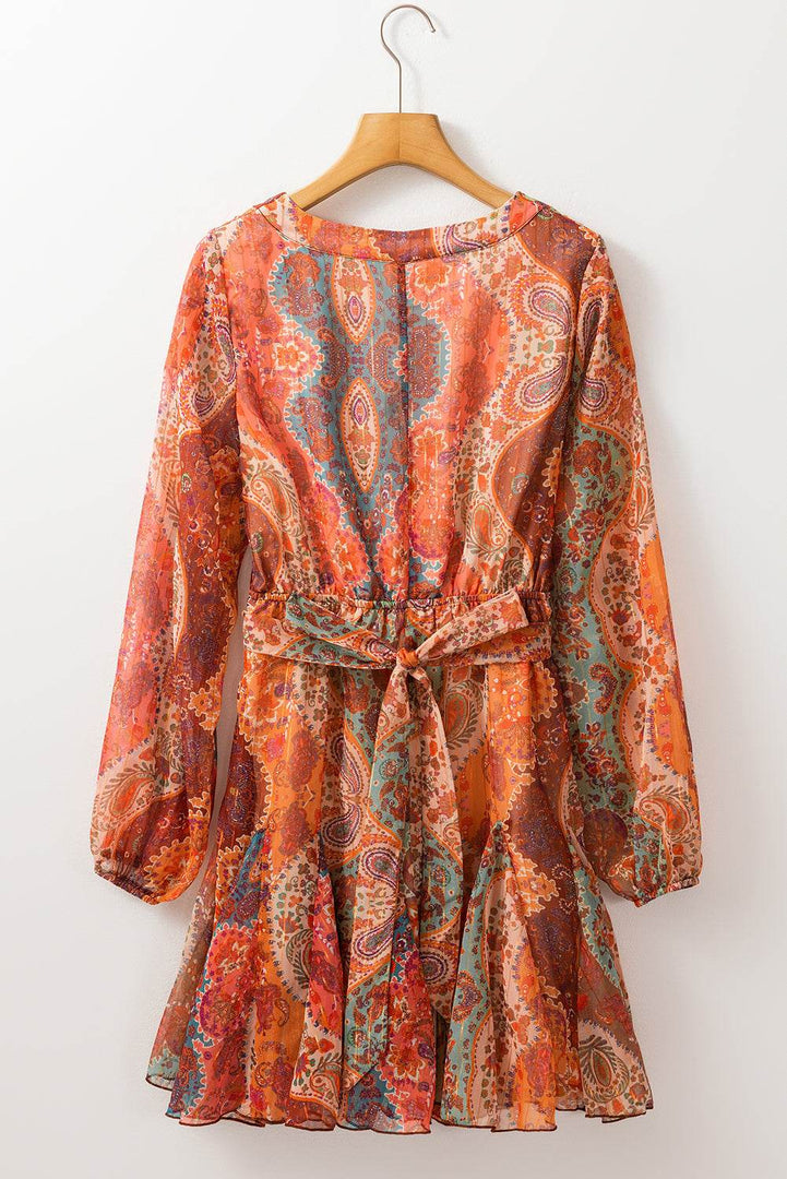 Orange Boho Paisley Print Long Sleeve Pleated Belted Mini Dress - Fashion Queen -  8