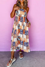 Load image into Gallery viewer, Orange Floral Patchwork Printed Frilled Bandeau Smocked High Waist Long Dress - Fashion Queen -  1
