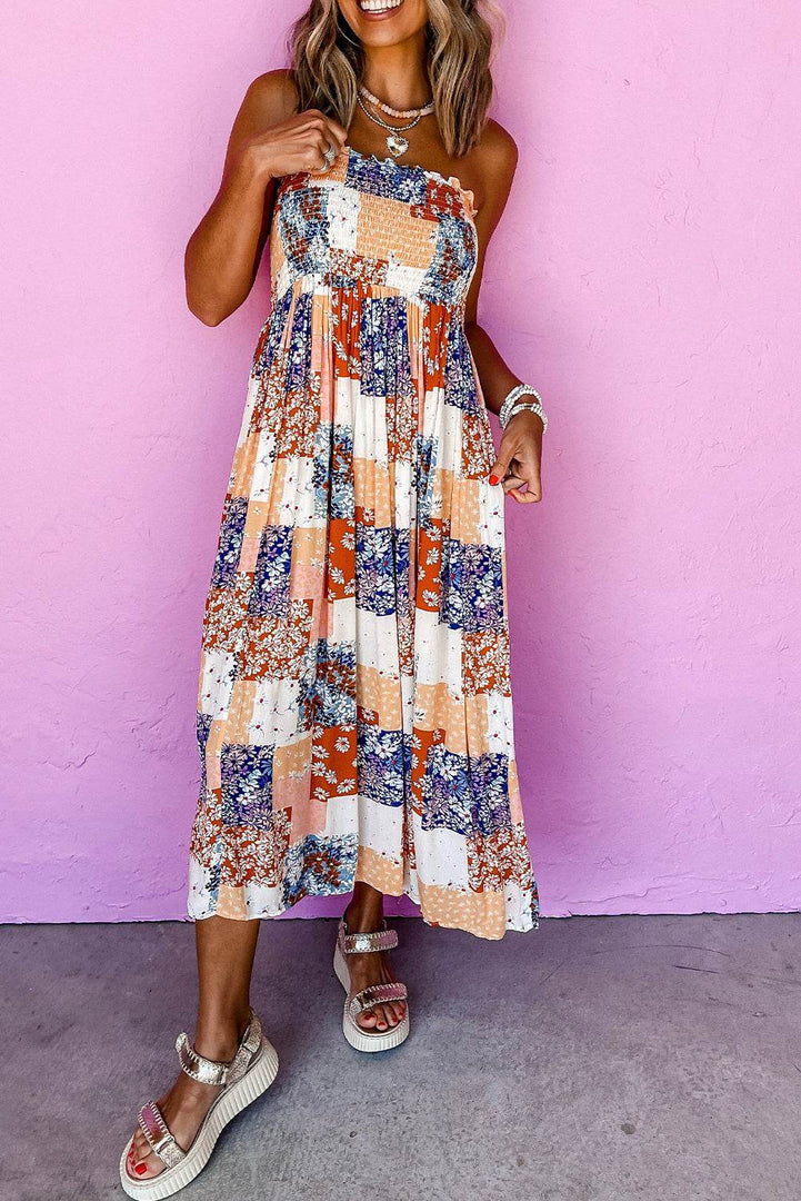 Orange Floral Patchwork Printed Frilled Bandeau Smocked High Waist Long Dress - Fashion Queen -  1