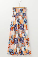 Load image into Gallery viewer, Orange Floral Patchwork Printed Frilled Bandeau Smocked High Waist Long Dress - Fashion Queen -  9
